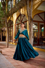 Thumbnail for Lorenvalley Fashion Teal Vichitra Silk Thread Embroidery Work Lehenga Choli Co-ord Set - Distacart