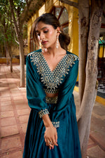 Thumbnail for Lorenvalley Fashion Teal Vichitra Silk Thread Embroidery Work Lehenga Choli Co-ord Set - Distacart