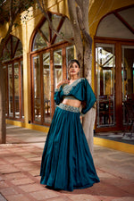 Thumbnail for Lorenvalley Fashion Teal Vichitra Silk Thread Embroidery Work Lehenga Choli Co-ord Set - Distacart