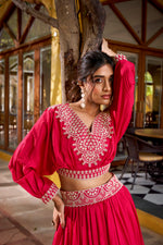 Thumbnail for Lorenvalley Fashion Pink Vichitra Silk Thread Embroidery Work Lehenga Choli Co-ord Set - Distacart