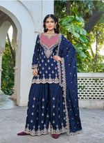 Thumbnail for Anaita Navy Chinon Stitched Plazzo Suit With Dhaga & Sequence Work - Distacart