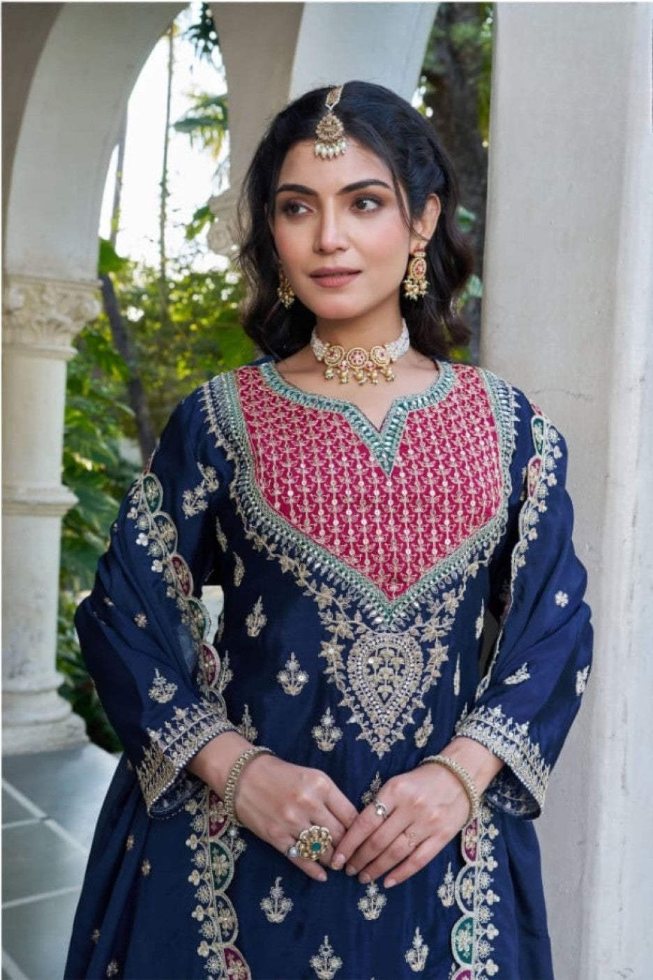 Anaita Navy Chinon Stitched Plazzo Suit With Dhaga & Sequence Work - Distacart