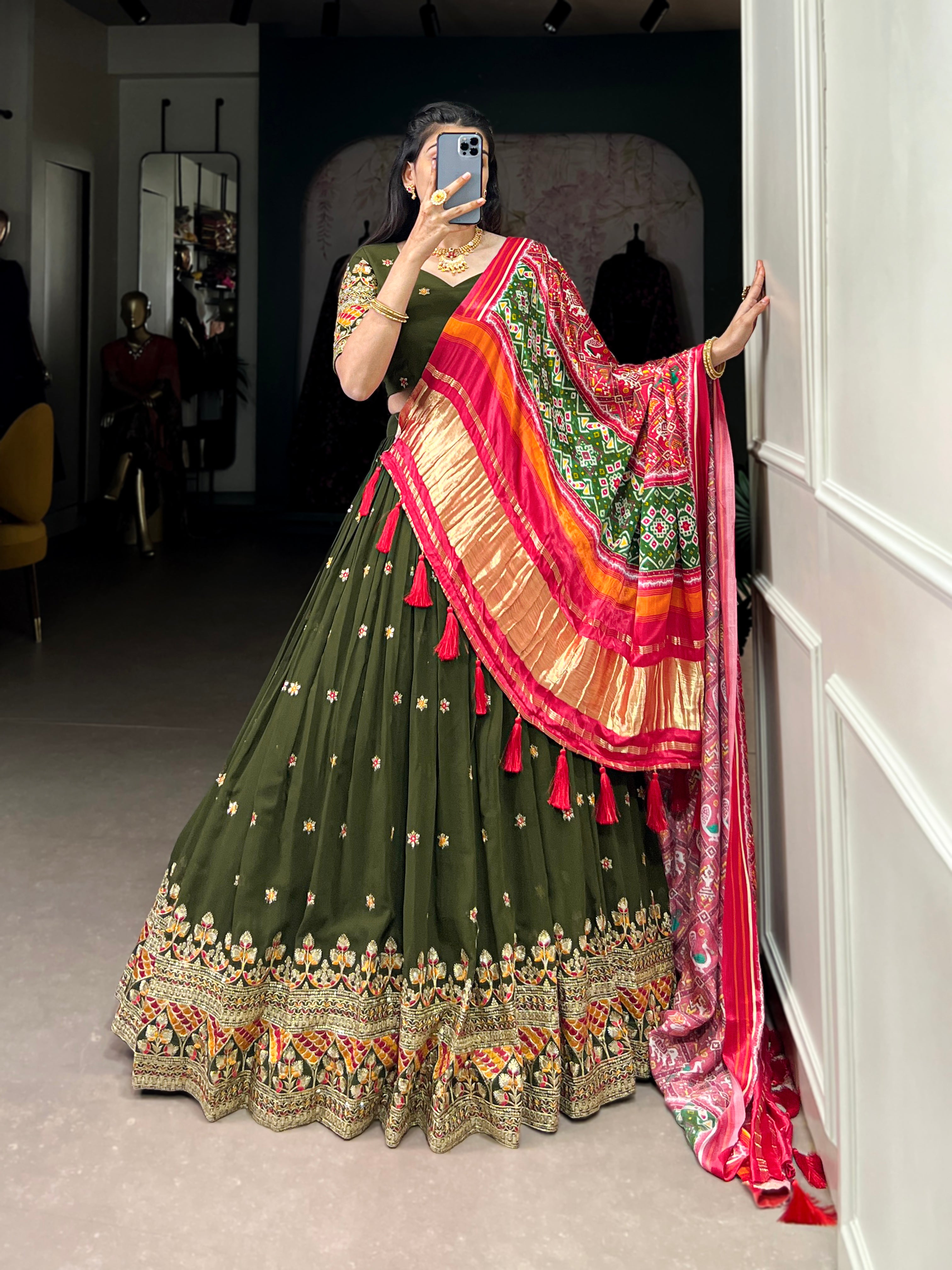 Lorenvalley Green Georgette Sequins and Thread Embroidery Work Lehenga Choli - Distacart