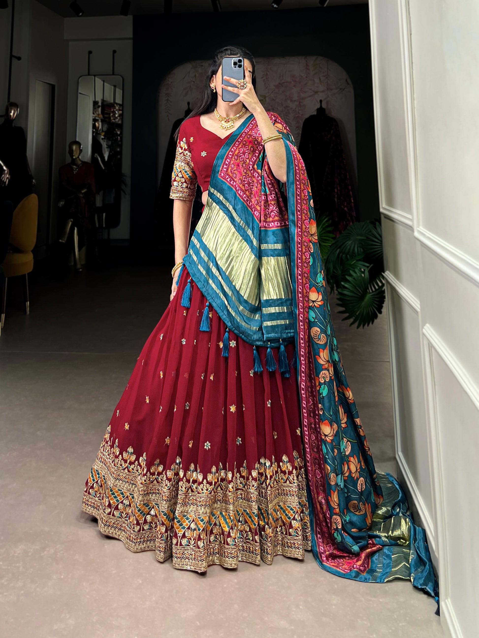 Lorenvalley Maroon Georgette Sequins and Thread Embroidery Work Lehenga Choli - Distacart
