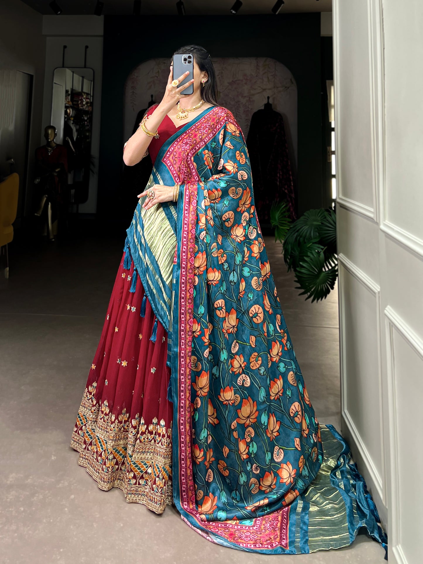 Lorenvalley Maroon Georgette Sequins and Thread Embroidery Work Lehenga Choli - Distacart