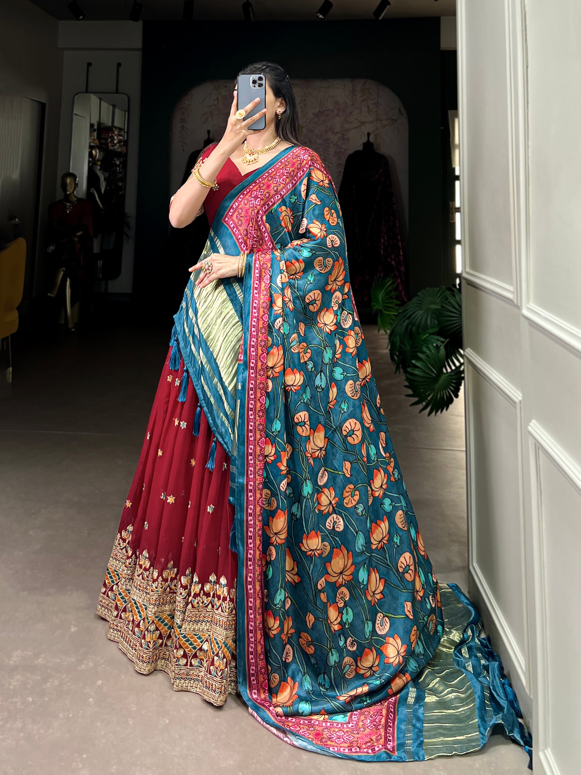 Lorenvalley Maroon Georgette Sequins and Thread Embroidery Work Lehenga Choli - Distacart