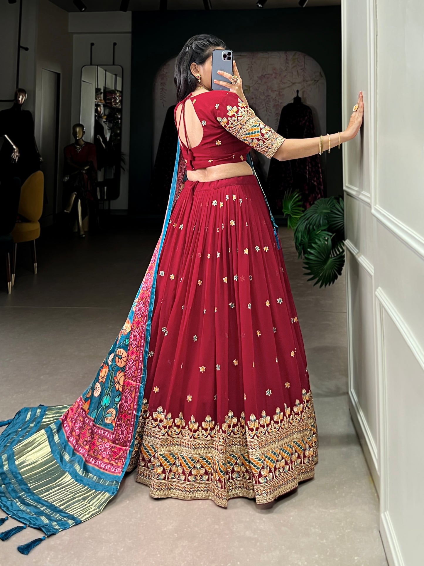Lorenvalley Maroon Georgette Sequins and Thread Embroidery Work Lehenga Choli - Distacart