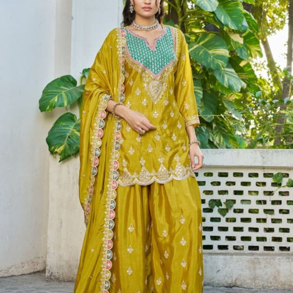 Anaita Mustard Chinon Stitched Plazzo Suit With Dhaga & Sequence Work - Distacart