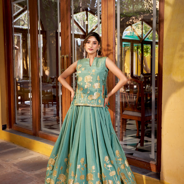 Lorenvalley Fashion Skyblue Pure Shimmer Thread Embroidery with Foil Work Lehenga Choli Co-ord Set - Distacart