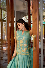 Thumbnail for Lorenvalley Fashion Skyblue Pure Shimmer Thread Embroidery with Foil Work Lehenga Choli Co-ord Set - Distacart