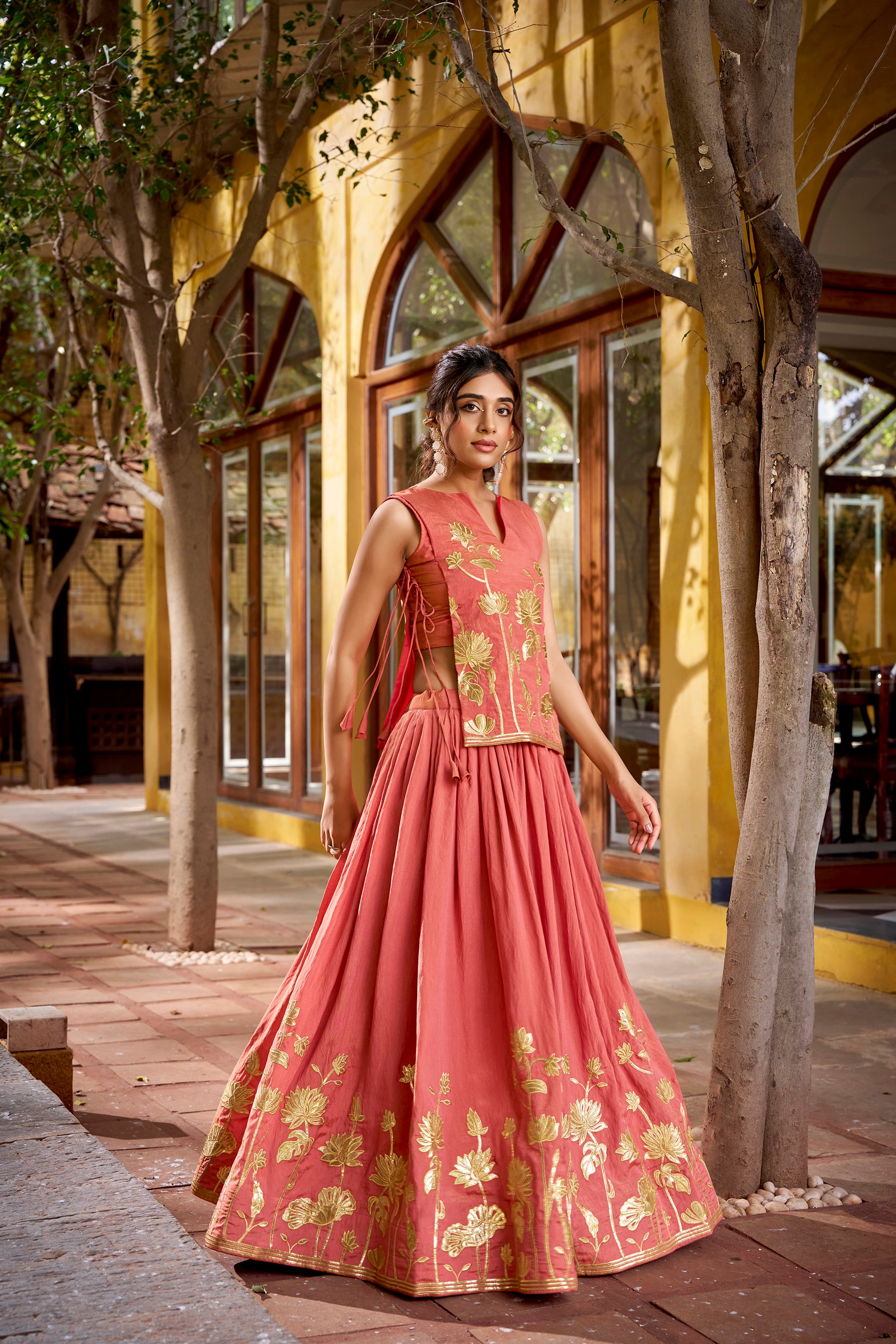 Lorenvalley Fashion Rust Pure Shimmer Thread Embroidery with Foil Work Lehenga Choli Co-ord Set