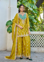 Thumbnail for Anaita Mustard Chinon Stitched Plazzo Suit With Dhaga & Sequence Work - Distacart