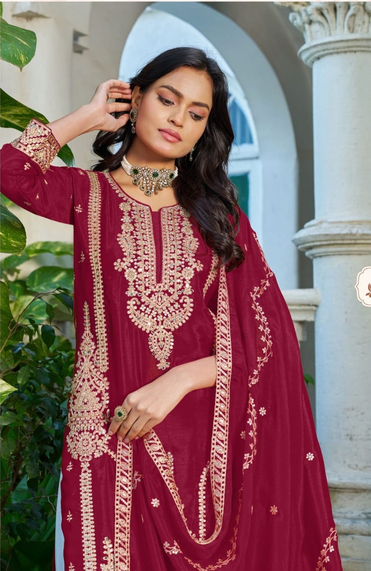 Anaita Maroon Chinon Stitched Plazzo Suit With Codding Dori & Sequence Work - Distacart
