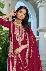 Thumbnail for Anaita Maroon Chinon Stitched Plazzo Suit With Codding Dori & Sequence Work - Distacart