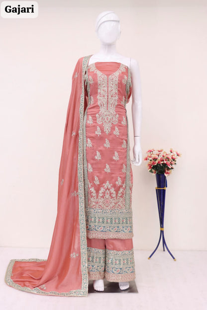 Anaita Peach Embroidered Silk Salwar Suit - Distacart