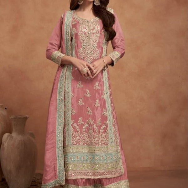 Anaita Dark Peach Embroidered Silk Salwar Suit - Distacart