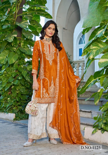 Anaita Orange Chinon Stitched Plazzo Suit With Codding Dori & Sequence Work - Distacart