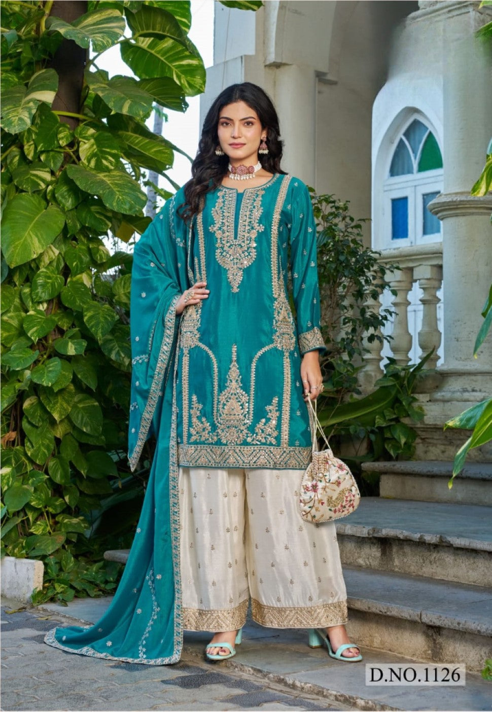 Anaita Blue Chinon Stitched Plazzo Suit With Codding Dori & Sequence Work - Distacart