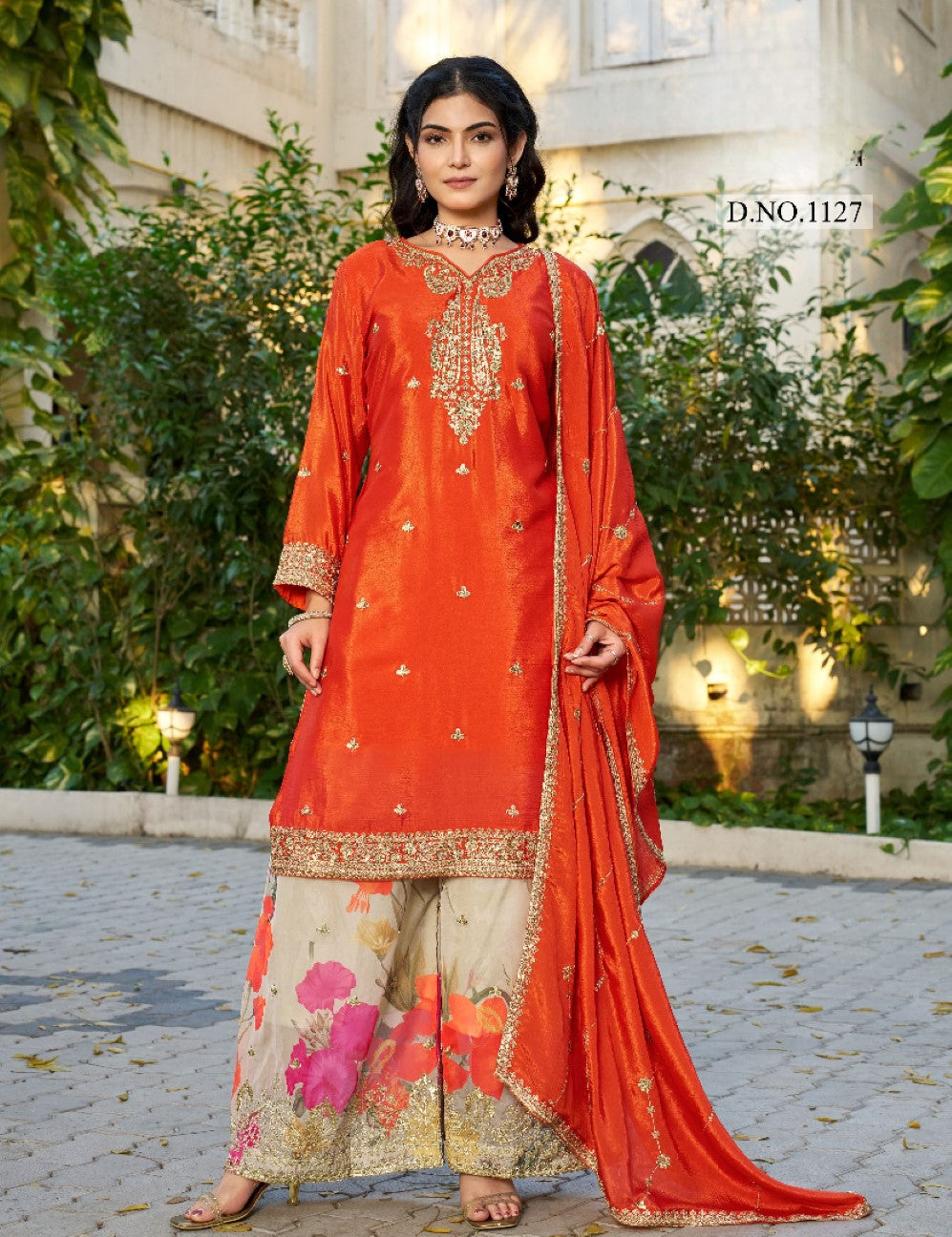 Anaita Orange Chinon Stitched Plazzo Suit With Codding Dori & Sequence Work - Distacart