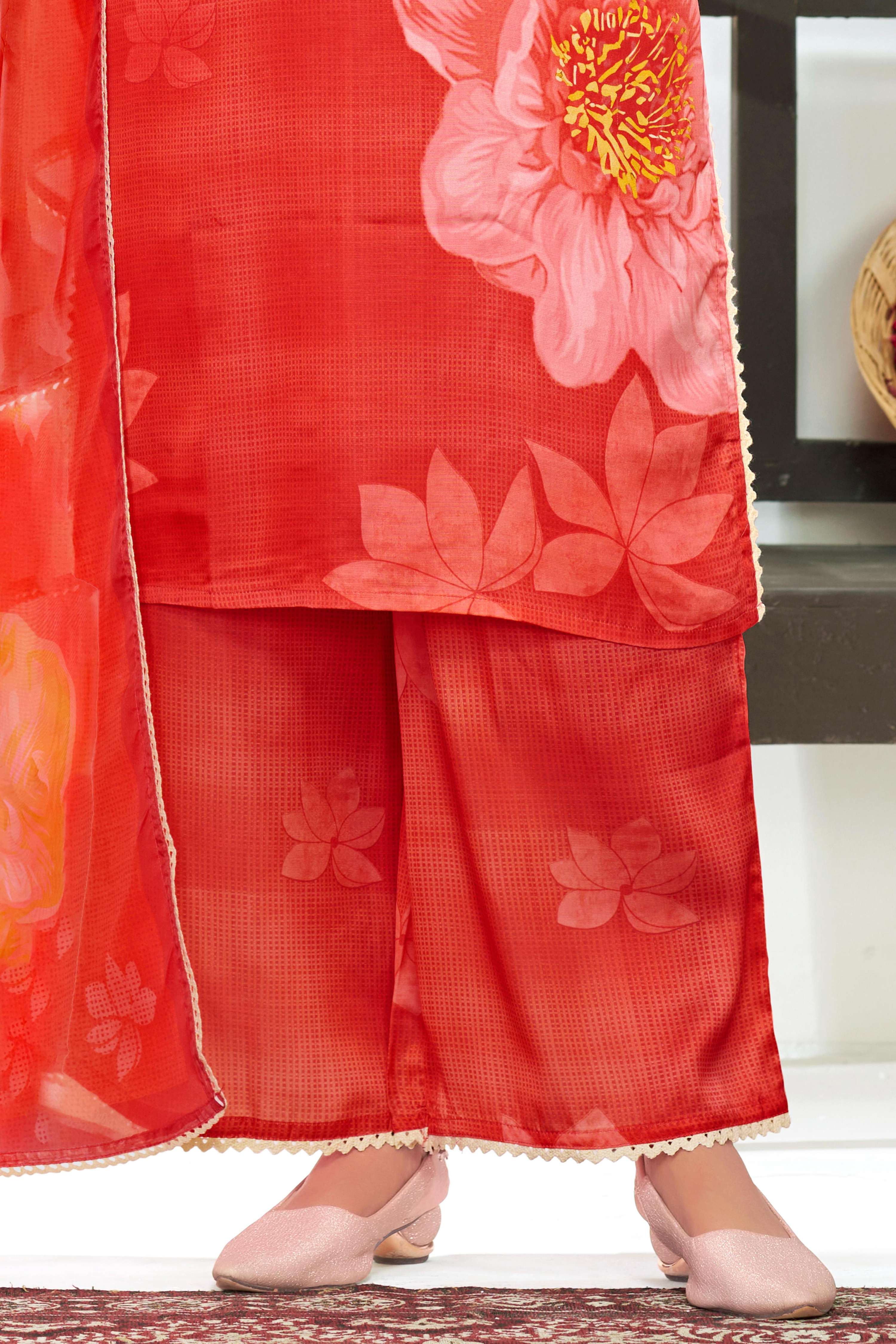 BulBul Farida Red Silk Kurta Set with Dupatta