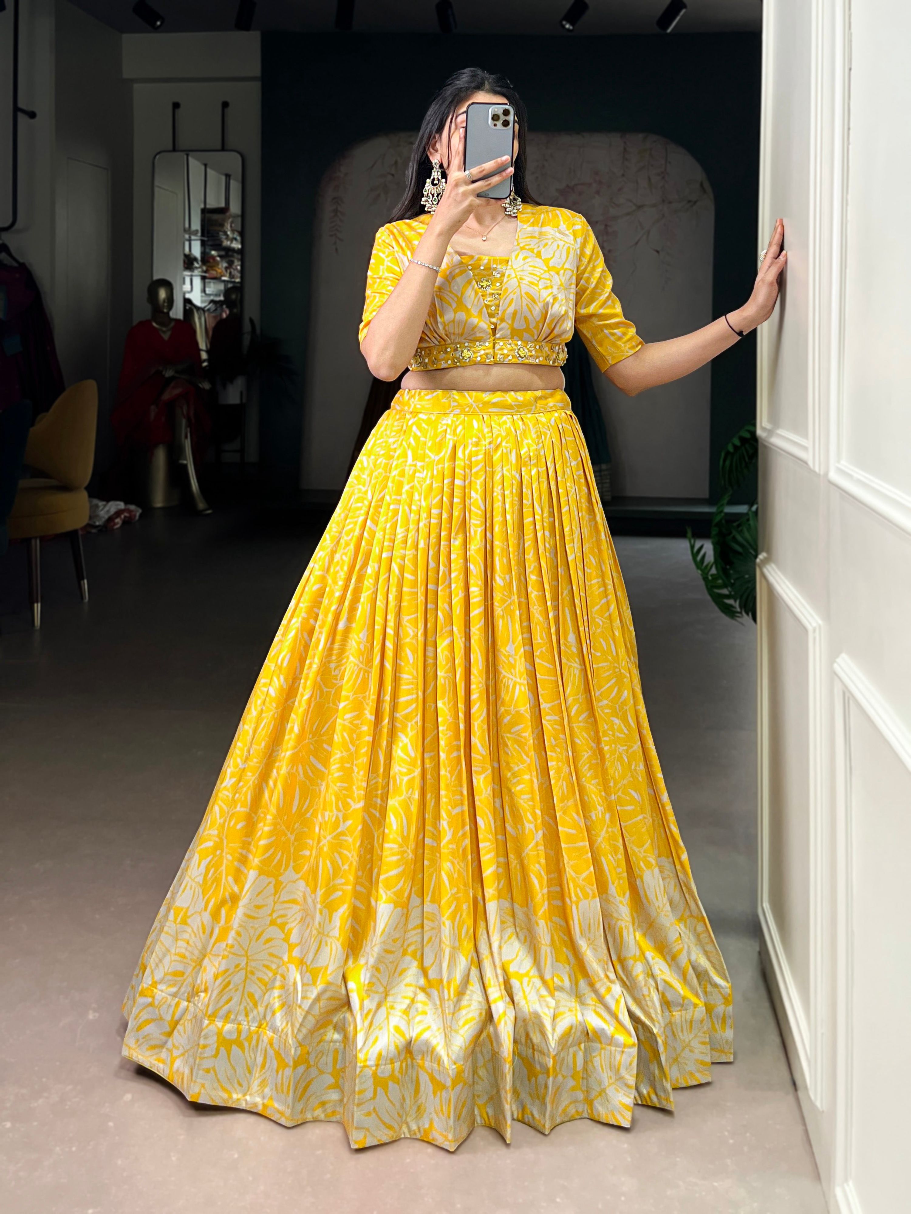 Lorenvalley Fashion Yellow Tussar Silk Printed Lehenga Choli with Koti - Distacart