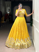 Thumbnail for Lorenvalley Fashion Yellow Tussar Silk Printed Lehenga Choli with Koti