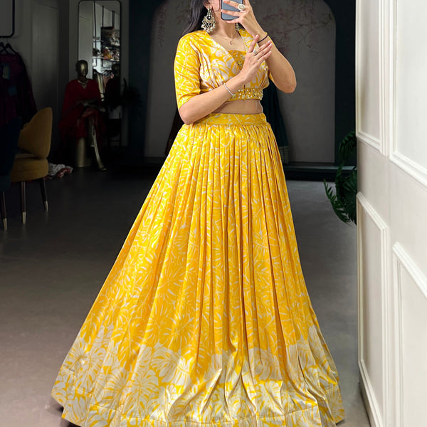 Lorenvalley Fashion Yellow Tussar Silk Printed Lehenga Choli with Koti