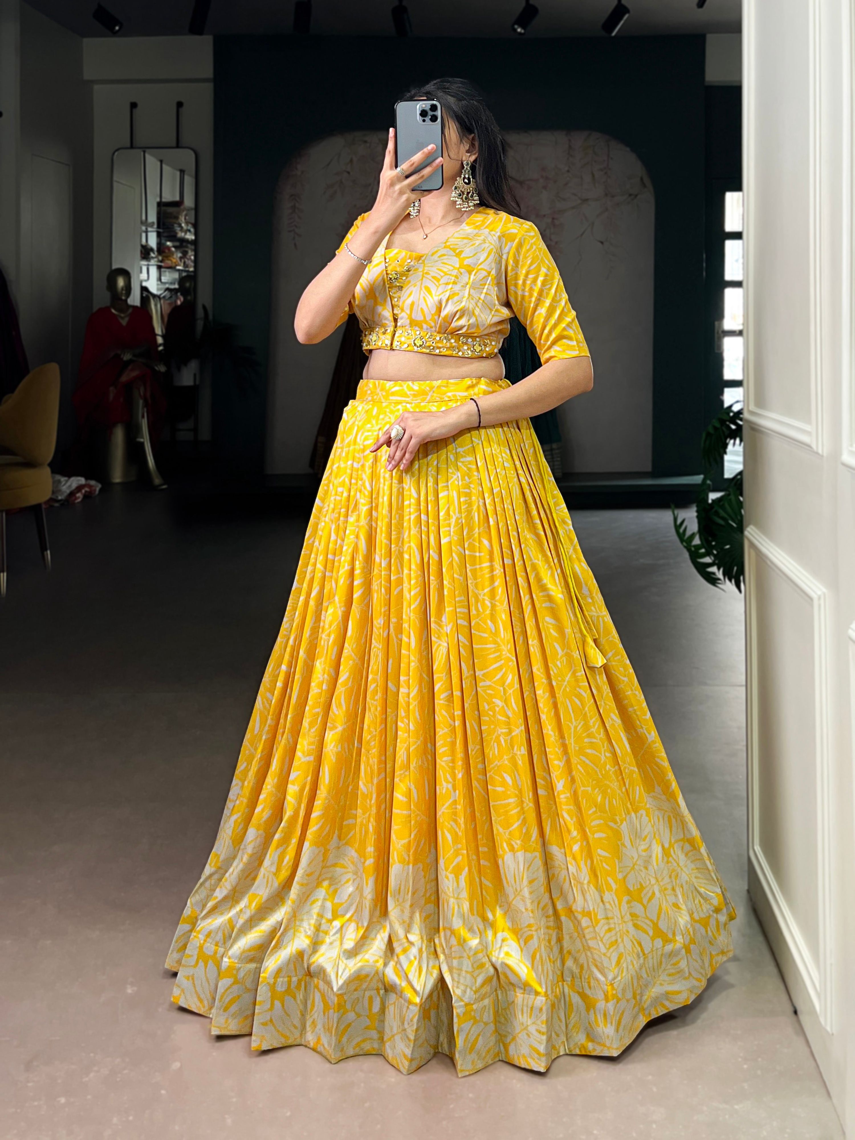 Lorenvalley Fashion Yellow Tussar Silk Printed Lehenga Choli with Koti