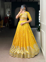 Thumbnail for Lorenvalley Fashion Yellow Tussar Silk Printed Lehenga Choli with Koti