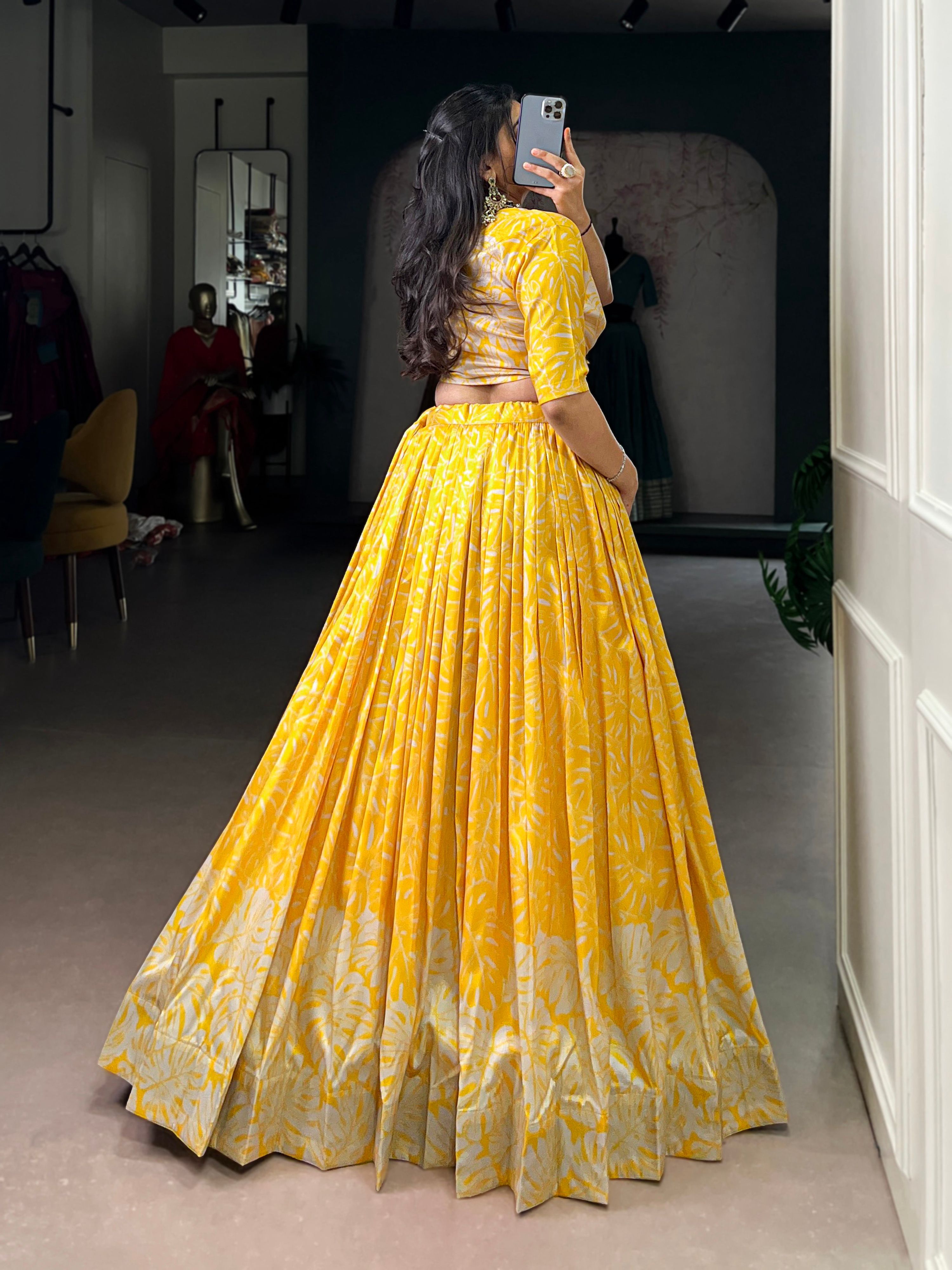 Lorenvalley Fashion Yellow Tussar Silk Printed Lehenga Choli with Koti