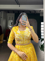 Thumbnail for Lorenvalley Fashion Yellow Tussar Silk Printed Lehenga Choli with Koti