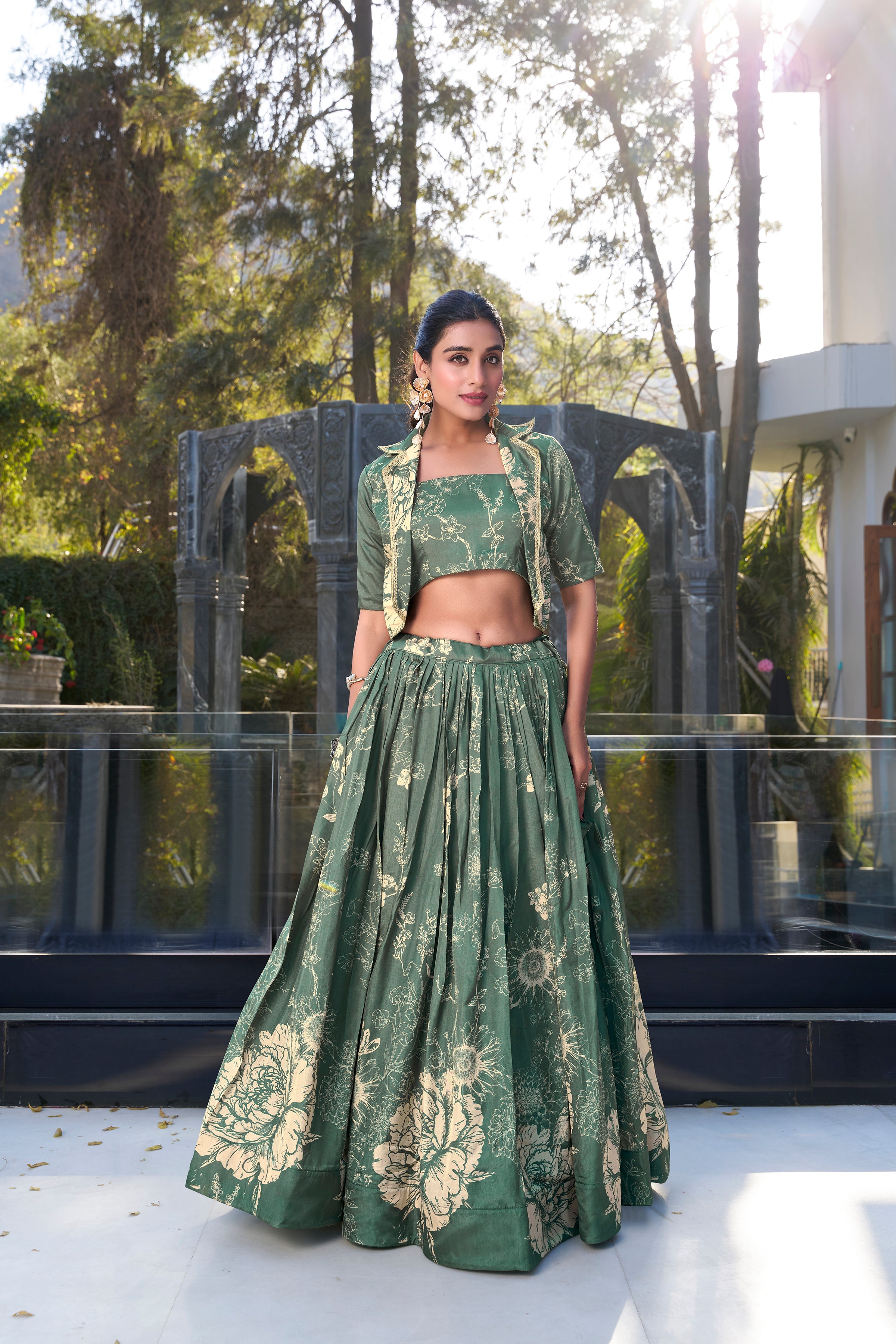 Lorenvalley Green Tussar Silk Floral Print Lehenga Choli with Koti