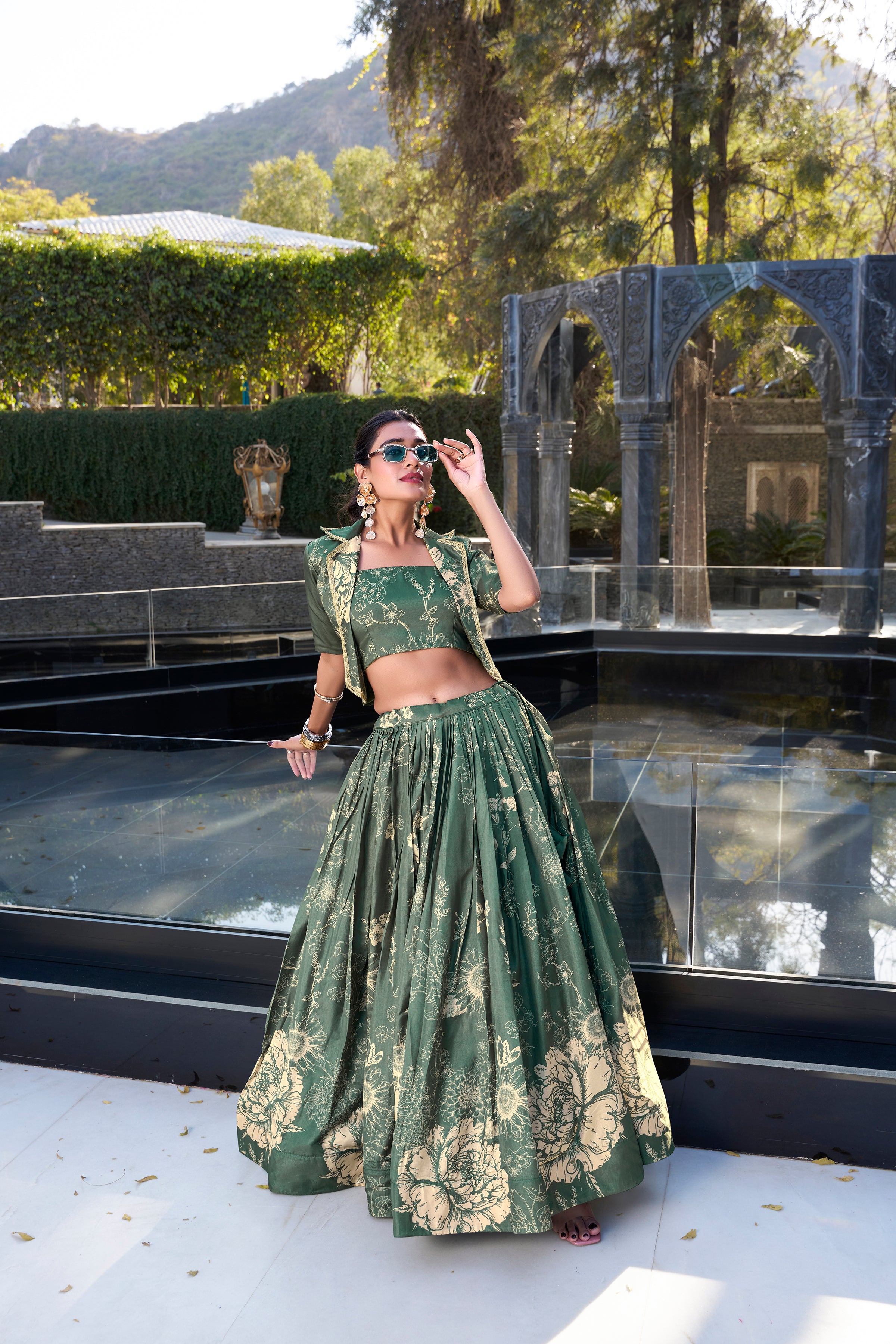 Lorenvalley Green Tussar Silk Floral Print Lehenga Choli with Koti