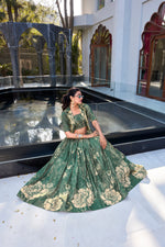 Thumbnail for Lorenvalley Green Tussar Silk Floral Print Lehenga Choli with Koti