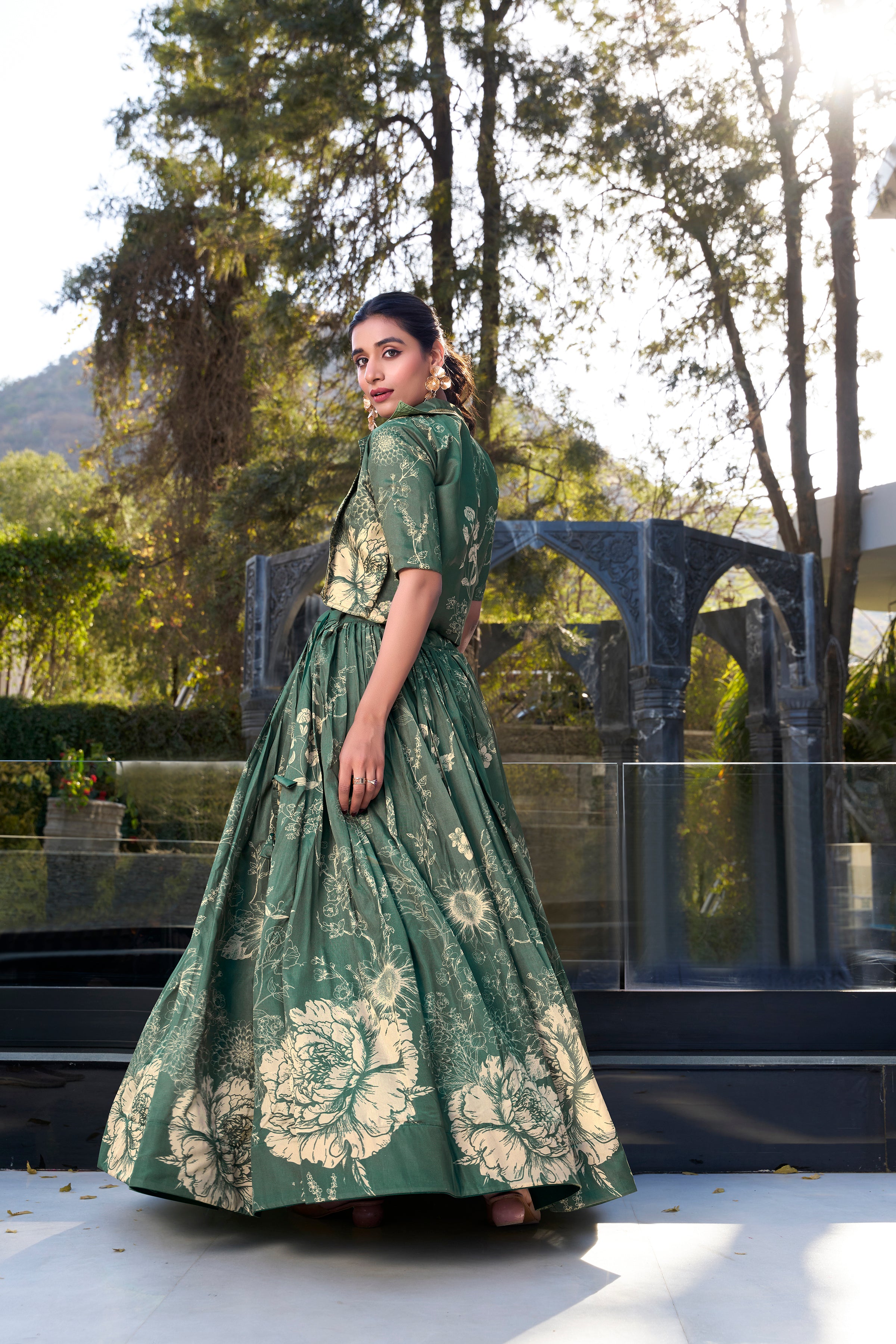 Lorenvalley Green Tussar Silk Floral Print Lehenga Choli with Koti
