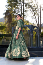 Thumbnail for Lorenvalley Green Tussar Silk Floral Print Lehenga Choli with Koti