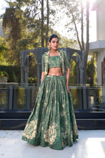 Thumbnail for Lorenvalley Green Tussar Silk Floral Print Lehenga Choli with Koti