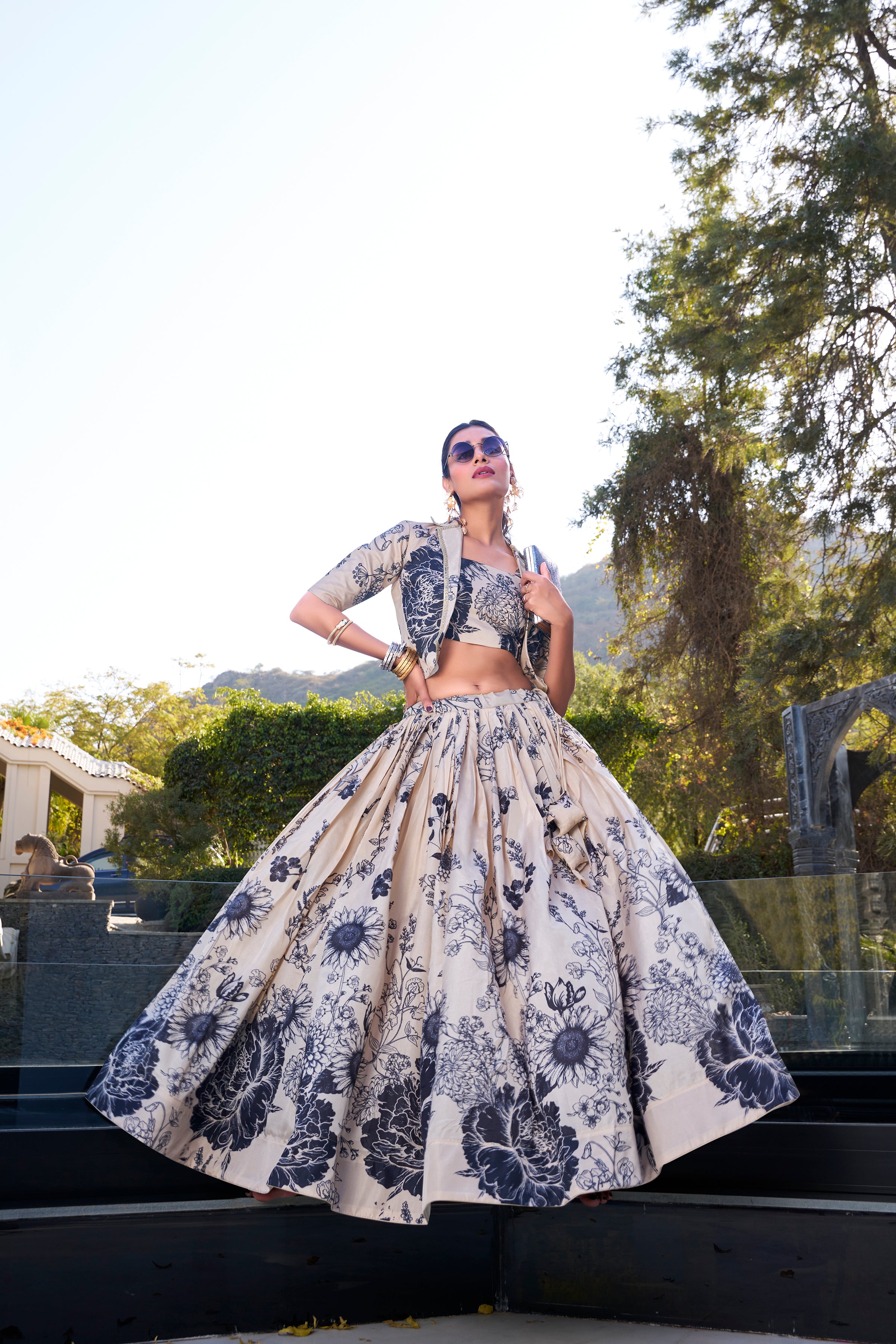 Lorenvalley Offwhite Tussar Silk Floral Print Lehenga Choli with Koti