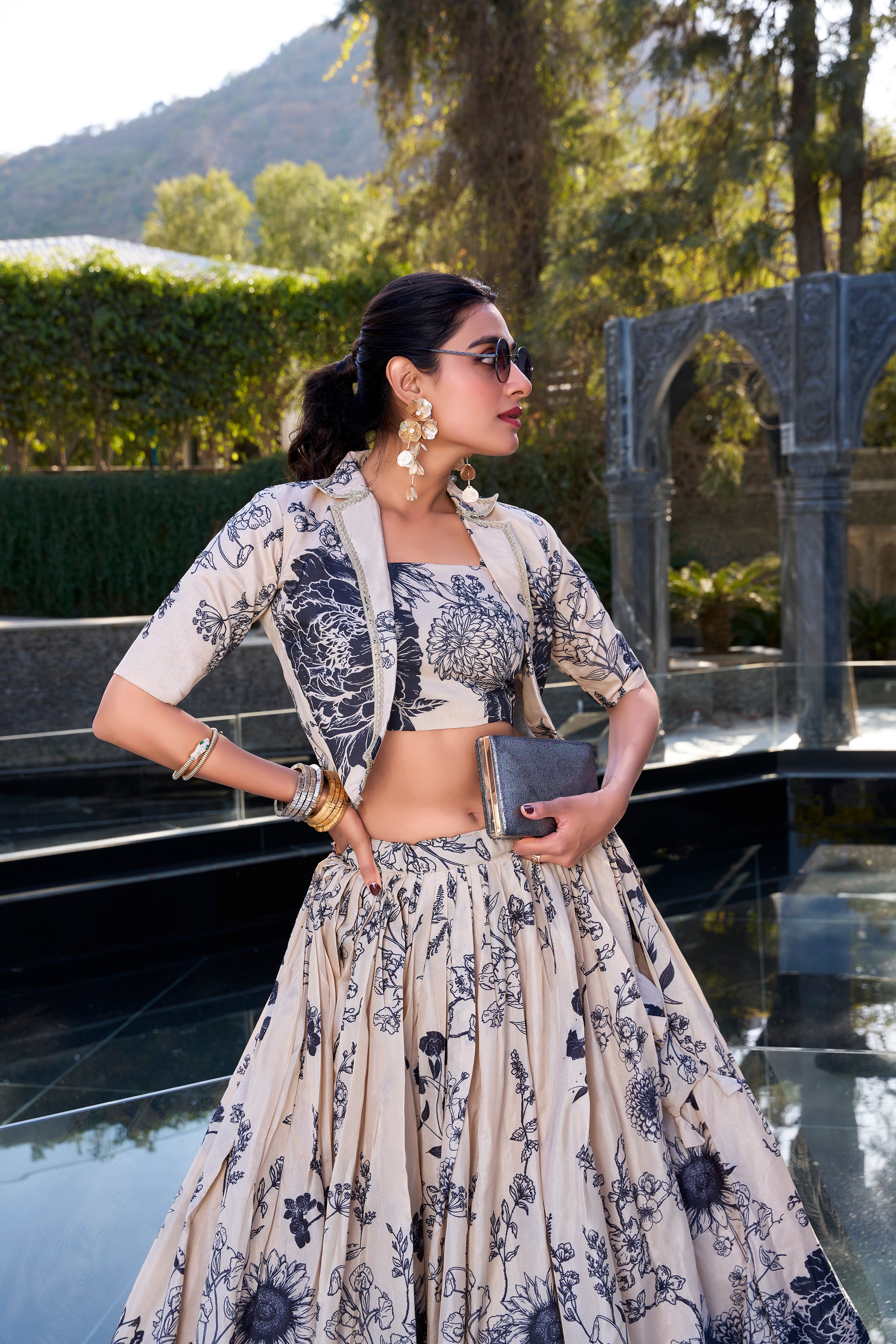 Lorenvalley Offwhite Tussar Silk Floral Print Lehenga Choli with Koti
