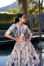 Thumbnail for Lorenvalley Offwhite Tussar Silk Floral Print Lehenga Choli with Koti