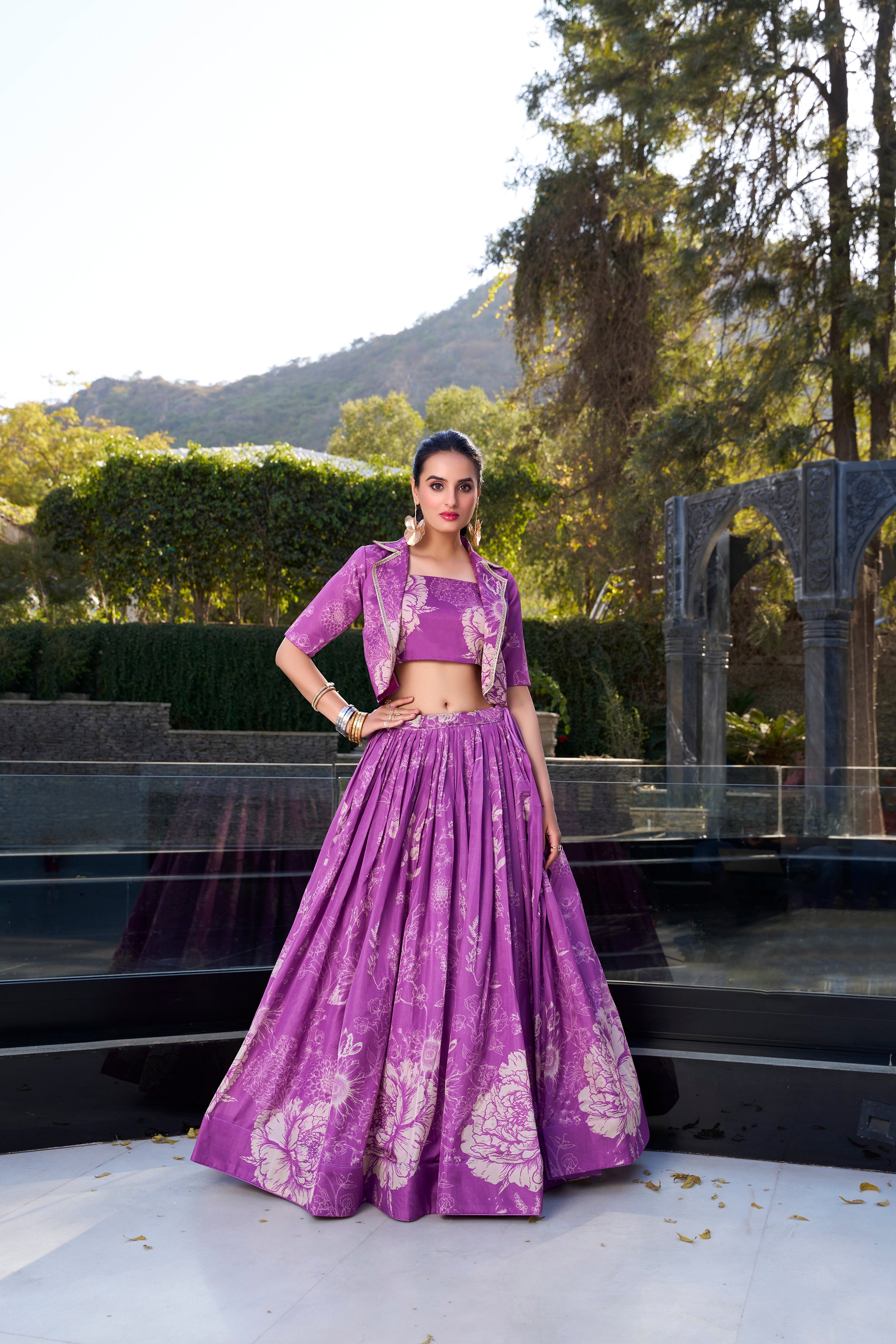 Lorenvalley Purple Tussar Silk Floral Print Lehenga Choli with Koti