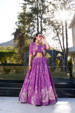 Thumbnail for Lorenvalley Purple Tussar Silk Floral Print Lehenga Choli with Koti