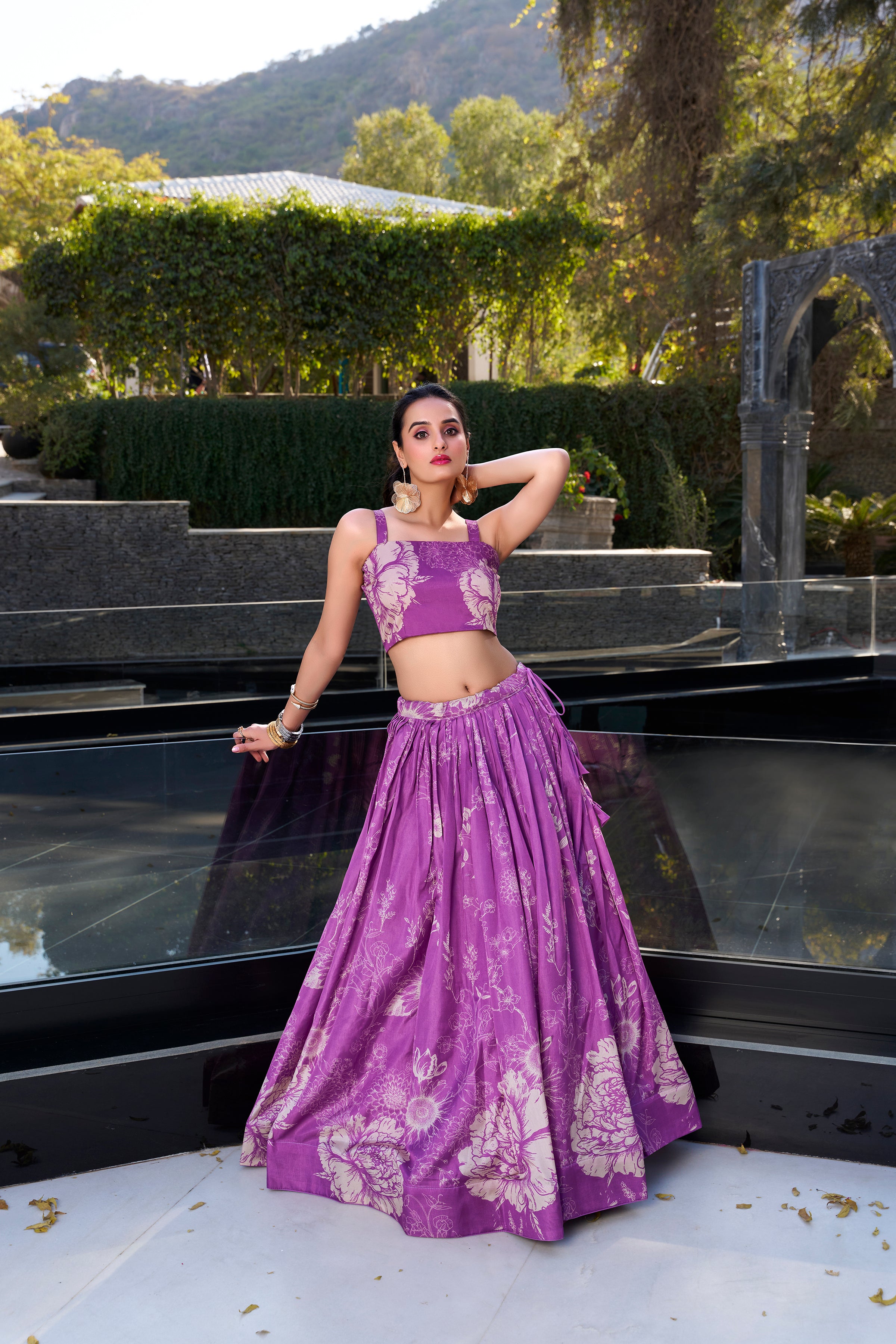 Lorenvalley Purple Tussar Silk Floral Print Lehenga Choli with Koti