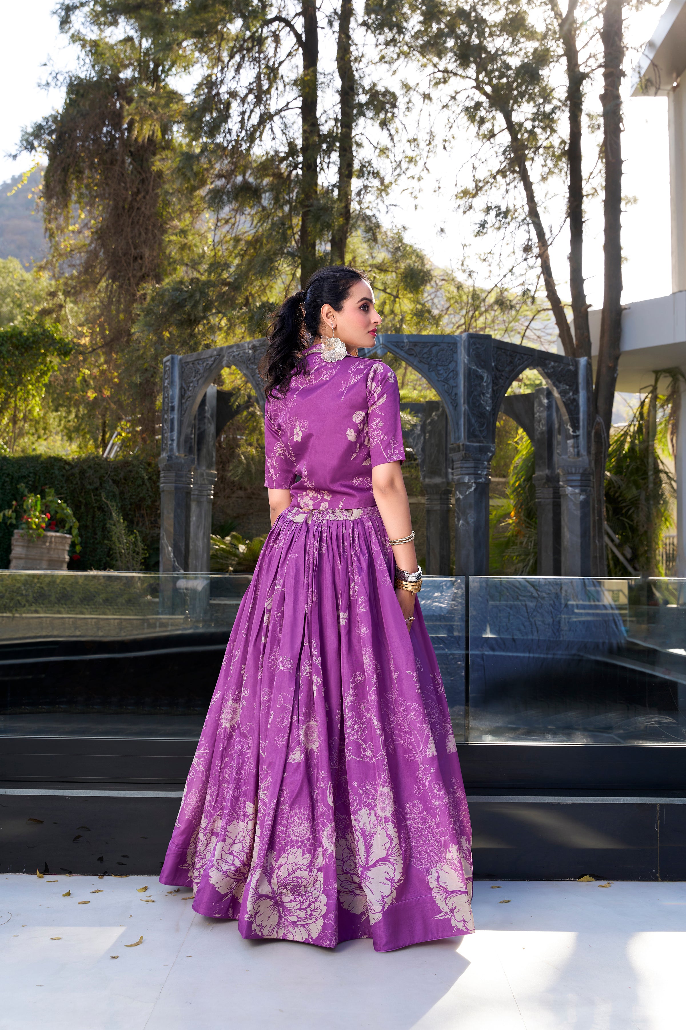 Lorenvalley Purple Tussar Silk Floral Print Lehenga Choli with Koti