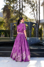 Thumbnail for Lorenvalley Purple Tussar Silk Floral Print Lehenga Choli with Koti