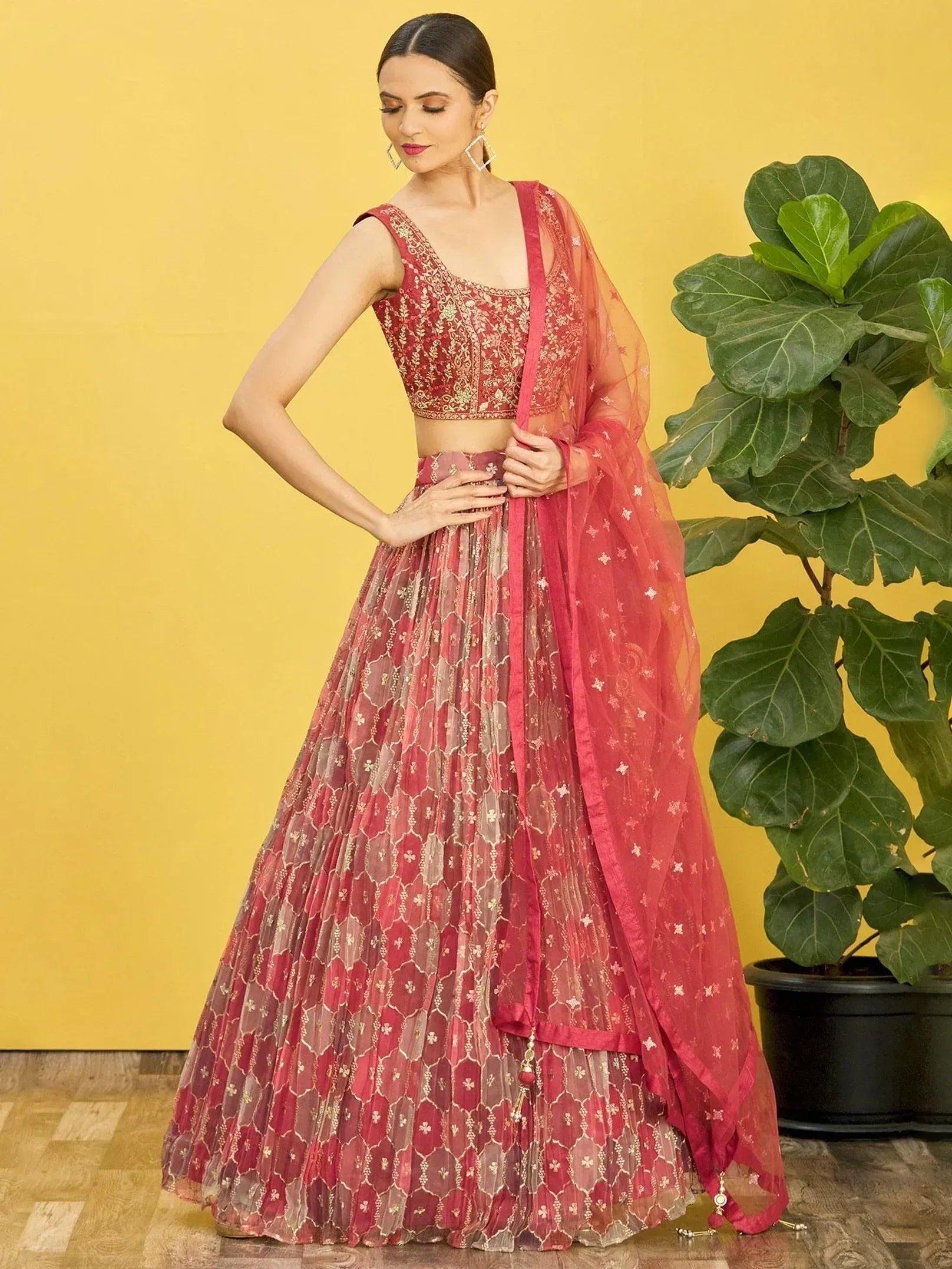 Tulsi Art Elegance Brown Mirror Work Organza Festival Wear Lehenga Choli - Dista
