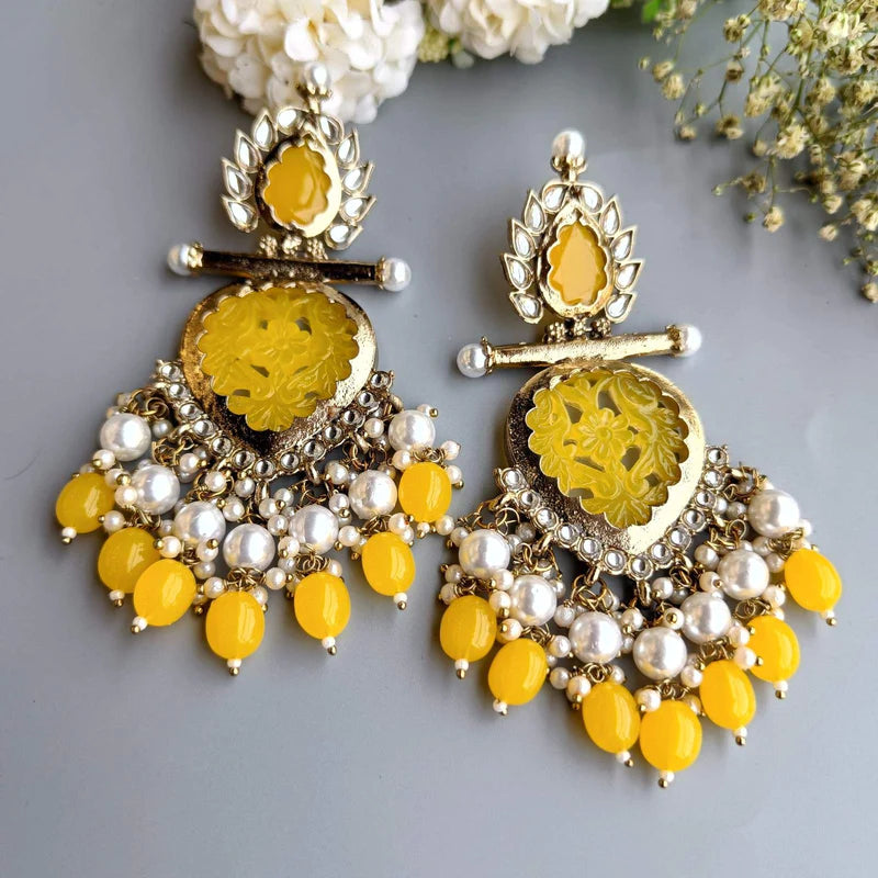 Tehzeeb Creations Latest Gold Polish Kundan & Pearl Studded Designer Drop Long Earrings For Women And Girls Yellow - Distacart