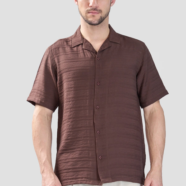 Xkind Brown Horizontal Pleated Stripes Relaxed Fit Shirt