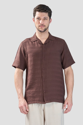 Xkind Brown Horizontal Pleated Stripes Relaxed Fit Shirt