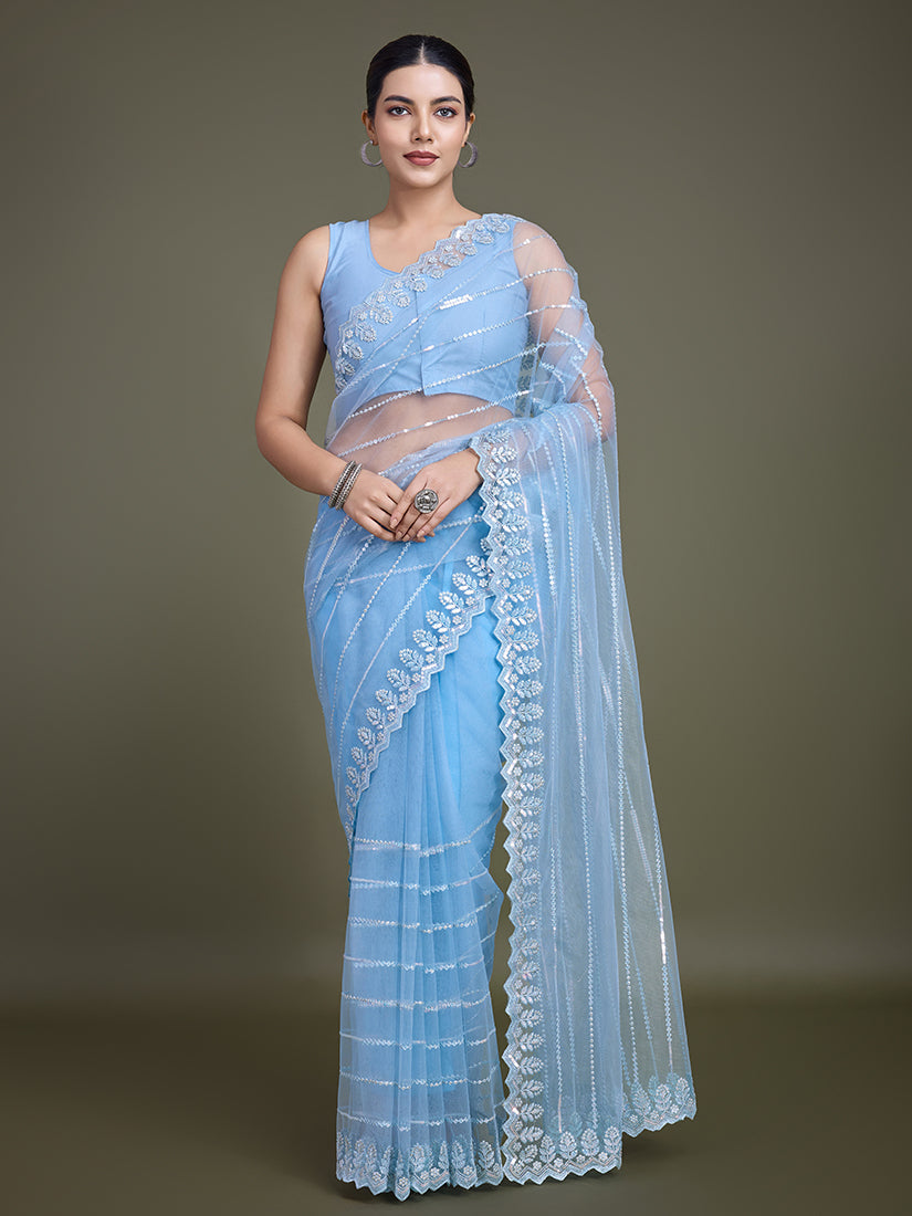 Monjolika Fashion Glamorous Women'S Sky Blue Sequin Work Soft Net Saree - Distacart